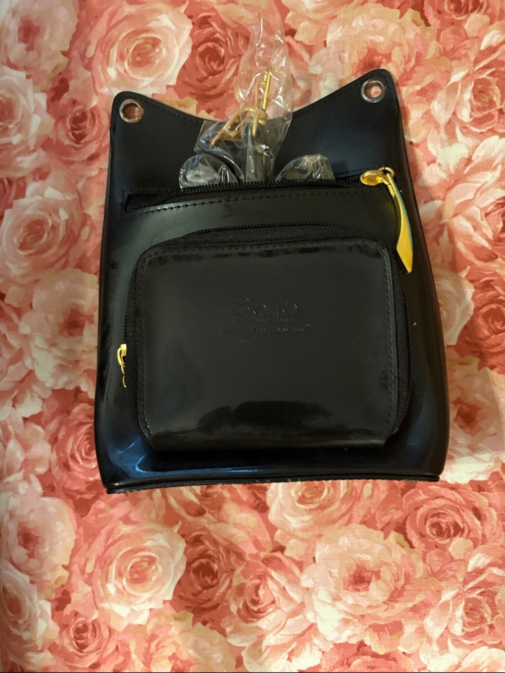 Beijo Black Patent Crossbody with Front Zip Pocket and Gold Accents